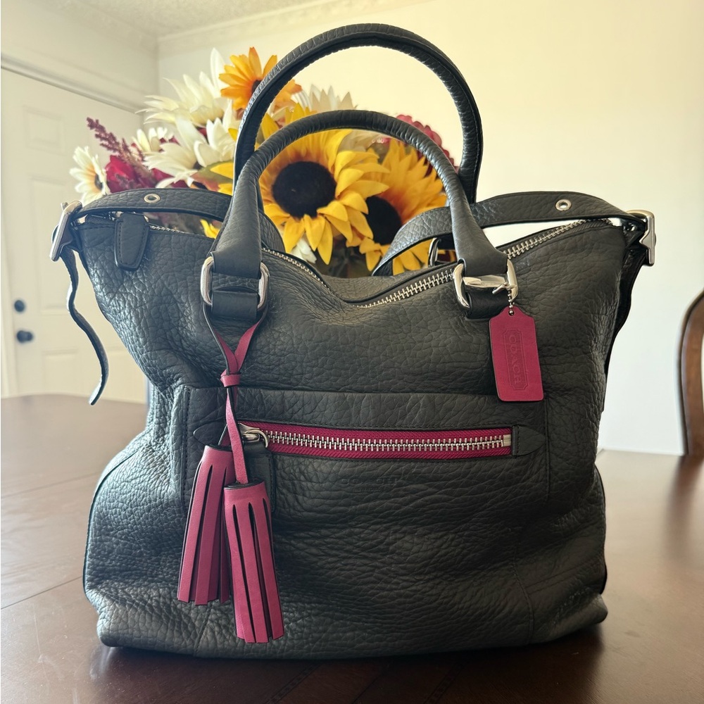 Coach Dark Gray Leather Tote with Pink Details